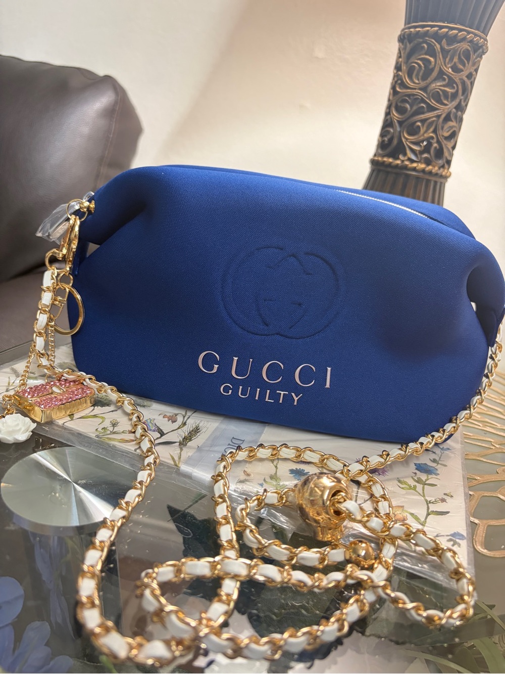 Gucci Blue Guilty Logo Crossbody Bag with Gold Chain